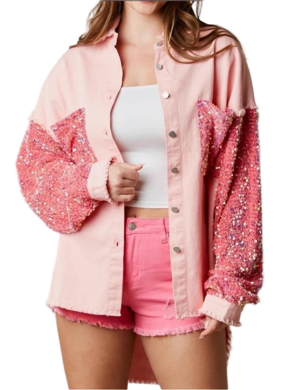 Chicme women's sequin patchwork denim Shacket Size Medium